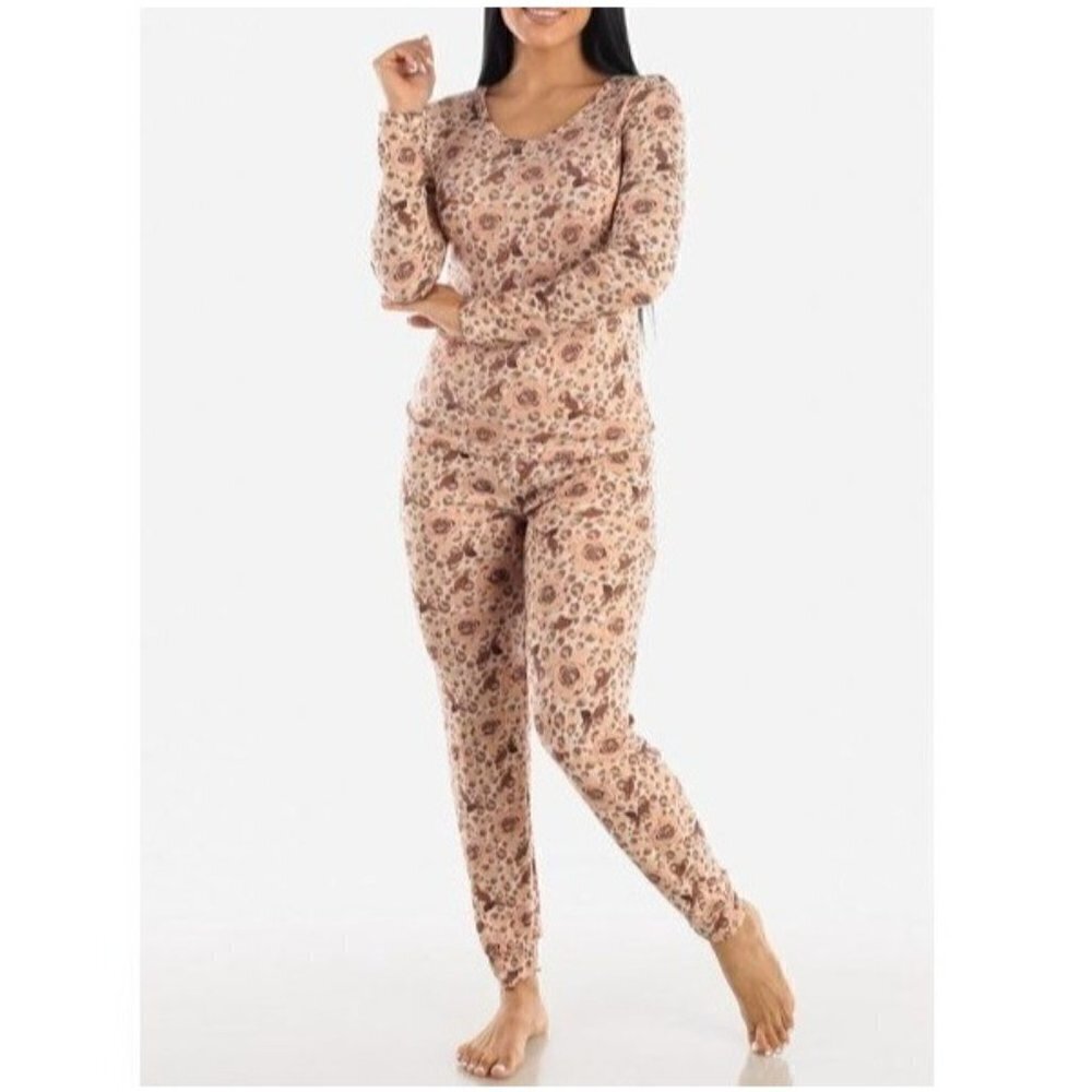 JOAN VASS 2pc Floral Joggers Pajama Set Taupe Size  L